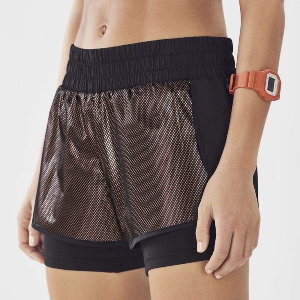 Fabletics Demi Lovato Lita Rose Gold Black Mesh Shorts Size XS Athletic Metallic